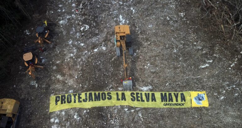 Fotografía aérea que muestra una protesta de Greenpeace contra la construcción del tramo 5 del Tren Maya en Playa del Carmen. EFE/Lourdes Cruz
