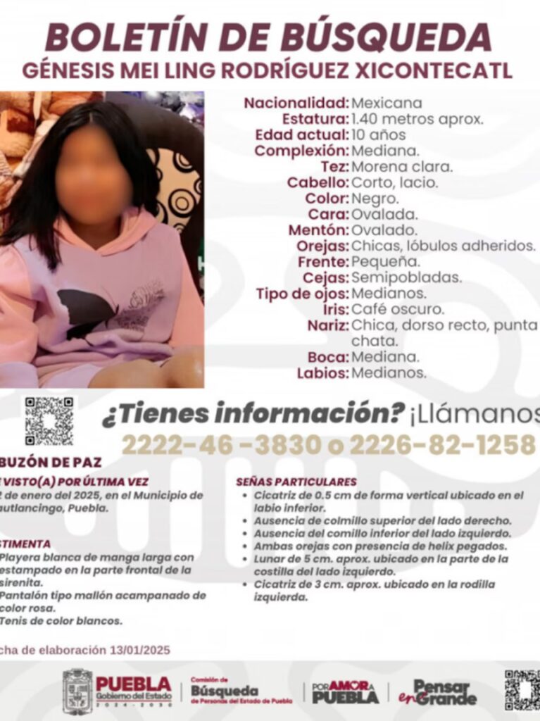 Génesis Mei fue reportada como desaparecida el 12 de enero. Tres días después fue localizada sin vida (Foto: Gobierno de Puebla).