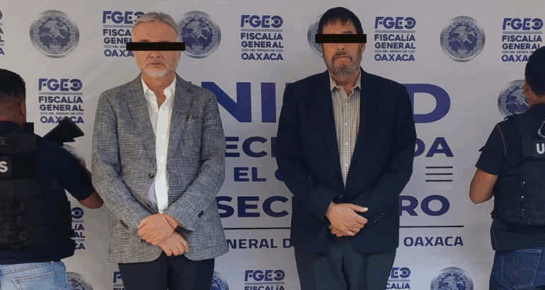 R.L.Z.L., presidente del Consejo de Administración y director general de Hoteles Misión y G.J.C.S., administrador de Miscorpus S.A de C.V, detenidos por la Fiscalía de Oaxaca por el delito de fraude. Foto: FGE Oaxaca.