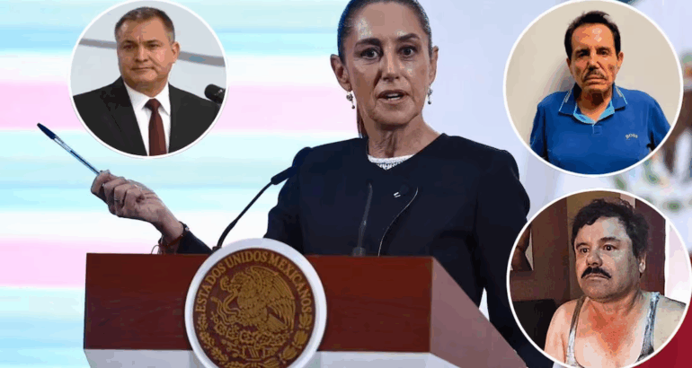 La presidenta Claudia Sheinbaum durante la mañanera de este 26 de agosto del 2025. El exsecretario SSP, Genaro García Luna, "El Mayo" Zambada y "El Chapo" Guzmán. Fotos: Berenice Fregoso, archivo EL UNIVERSAL, EFE y especial.