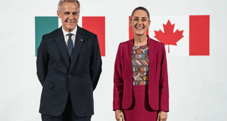 Mark Carney y Claudia Sheinbaum en Palacio Nacional, Ciudad de México, este jueves. Nayeli Cruz