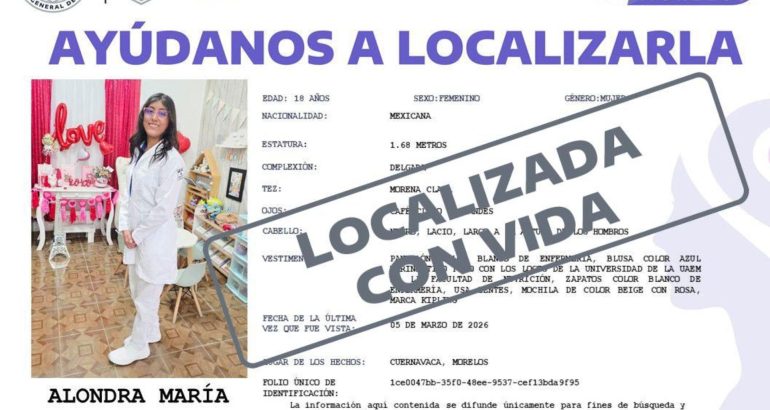 Localizan con vida a Alondra Contreras, estudiante de la UAEM
