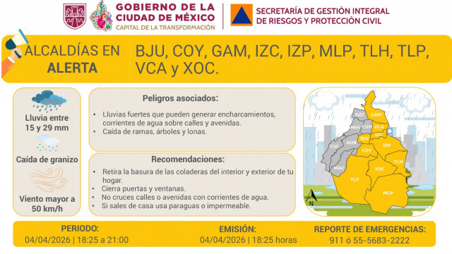 SGIRPC activa Alerta Amarilla por lluvias, vientos fuertes y posible caída de granizo